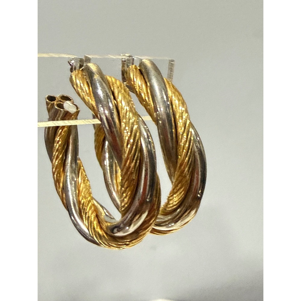 Twisted Two Tone Hoop Earrings Medium Gold Tone Silver Tone Bold Large Statement